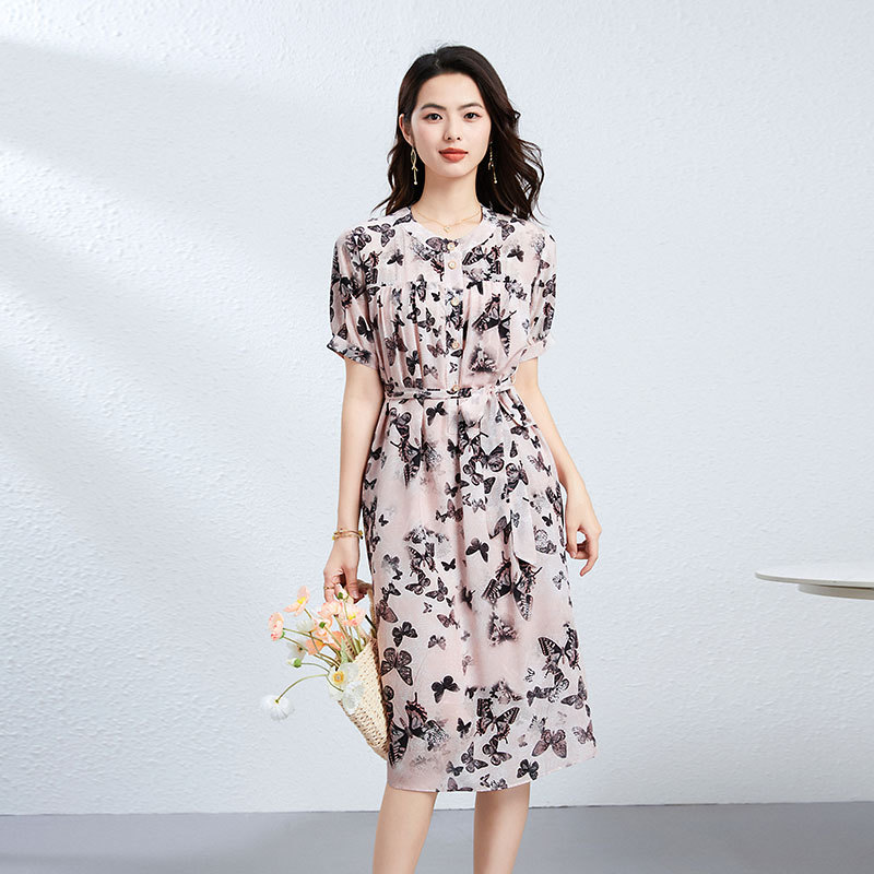 멀베리 실크 여성 하이 엔드 스커트 여성 여름 드레스 세련된 라운드 넥 느슨한 슬리밍 레이스 업 긴 실크 스커트