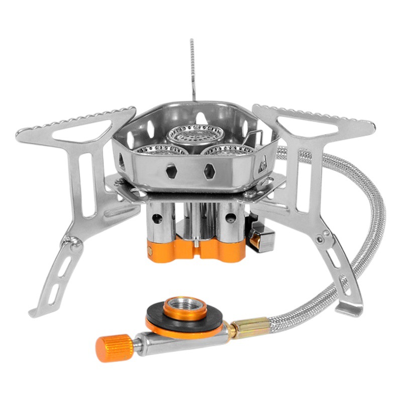 Outdoor Camping Three-core Windproof Stove Portable Picnic Barbecue Stove Fierce Card Stove Flat Gas Belt Electronic Flashing