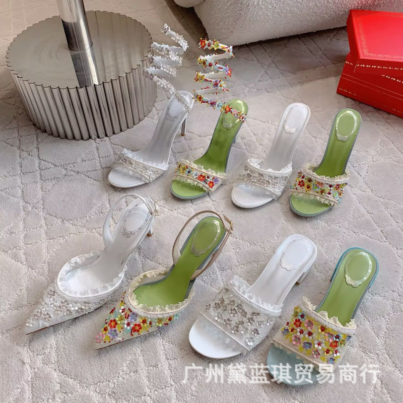 Rc Mesh Lace Hand-Sewn Small Flowers Beaded Snake-Shaped Winding High-Heeled Sandals Slippers Beautiful Fairy Princess
