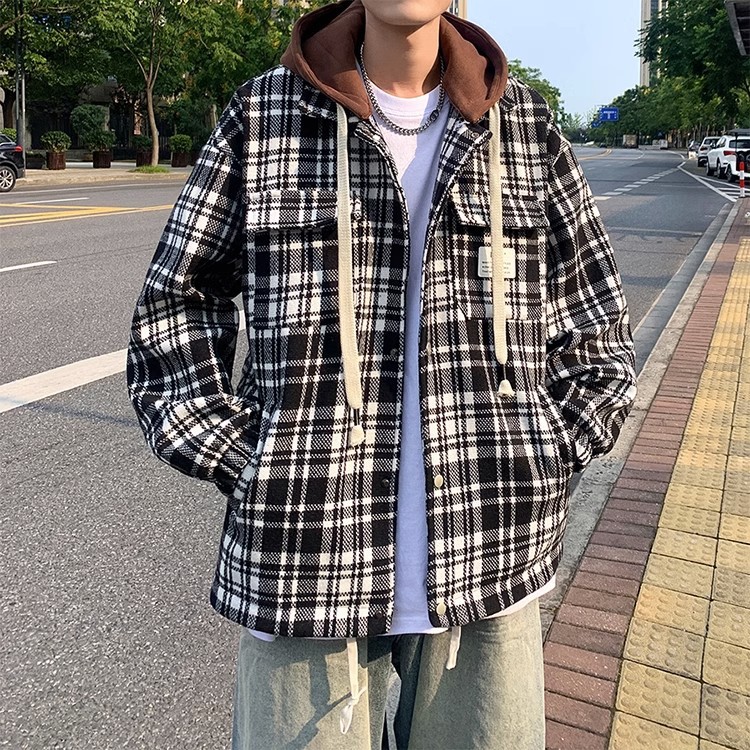 Chaqueta de camisa de solapa de moda a cuadros de tendencia juvenil