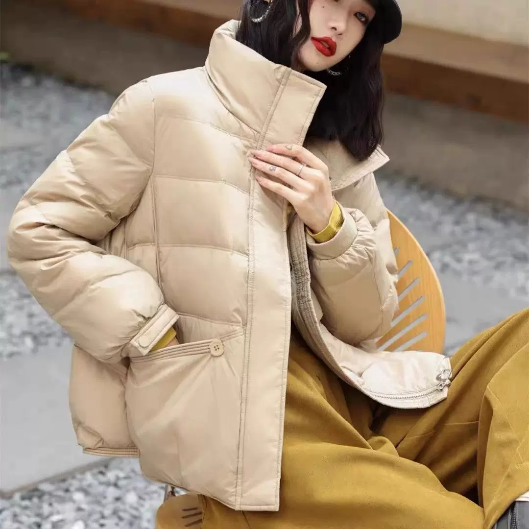 羽绒服女宽松立领时尚百搭短款中老年文艺复古冬季定制款白鸭绒保