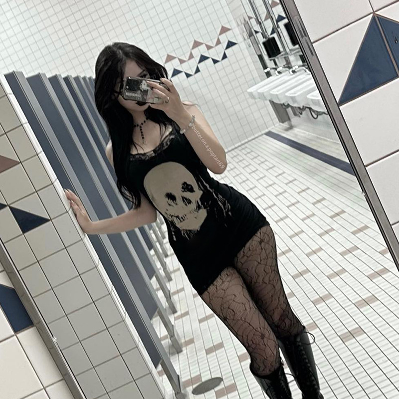 Summer Sexy Short Dress Dark Personalized Skull Printed Suspender Dress for Women
