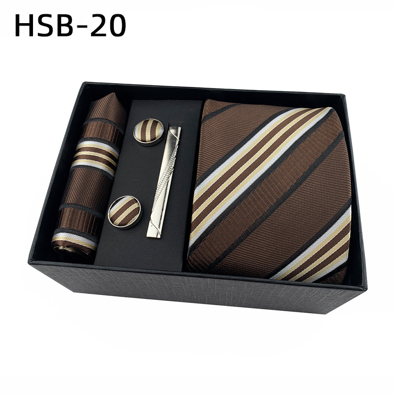 2025 nueva caja de regalo negra de negocios para hombres, corbata lisa a rayas, bufanda de bolsillo, clip de corbata, traje de regalo