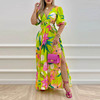 Printed V-neck fashion split long dress