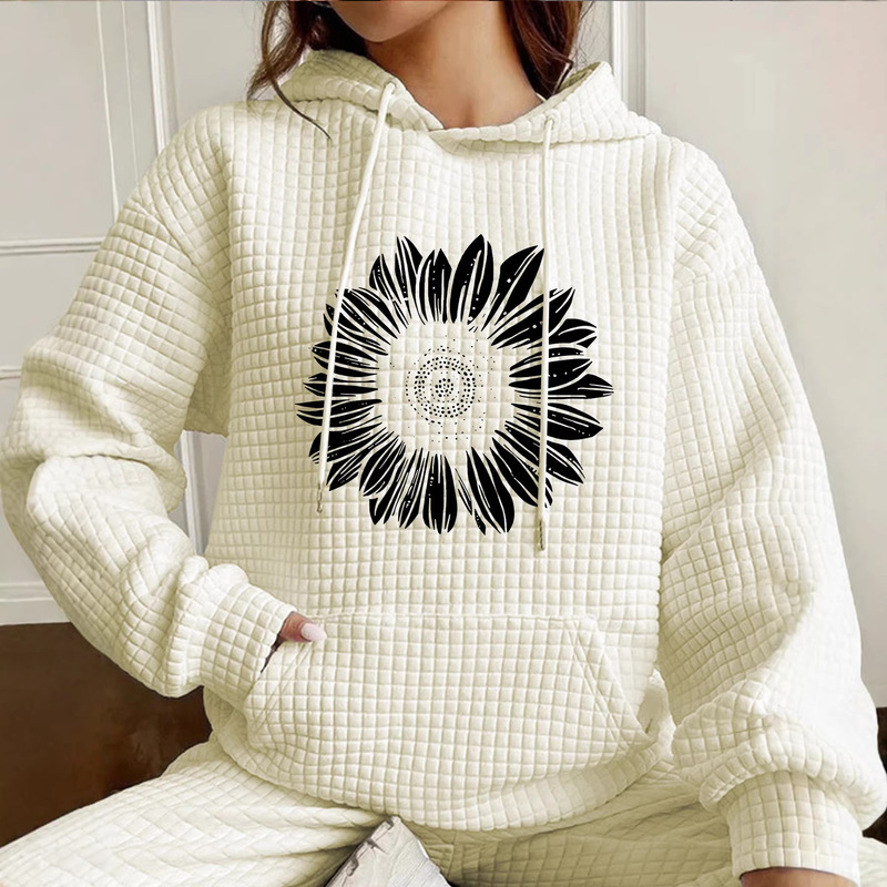 Foreign Trade Cross-Border Autumn New Amazon European and American Women's Clothing Waffle Sunflower Print Hooded Sports Sweatshirt