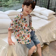 Children's short-sleeved floral shirts children's Korean shirts children's trendy summer tops cartoon 2024 new baby tops