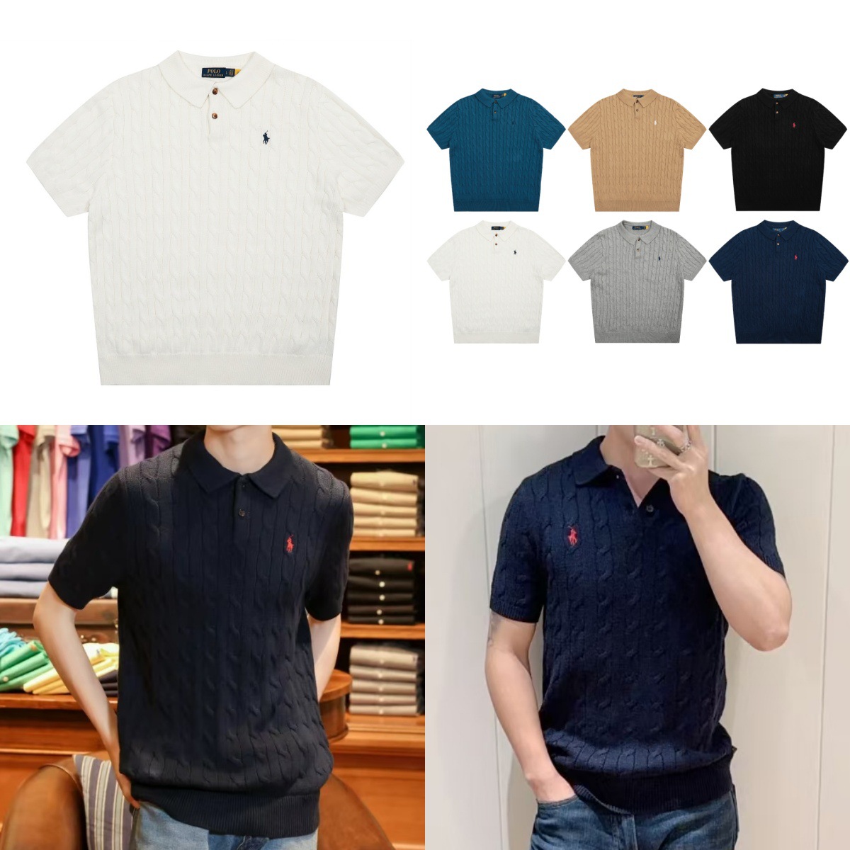 Rl Laffy Pony Embroidered Twist Knit Polo Collar Short Sleeve T-Shirt Four Seasons Men's Sweater Outerwear Top