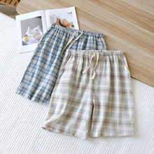 夏季薄款男士家居裤可外穿休闲短裤纯棉双层纱布水洗绉纱棉五分裤