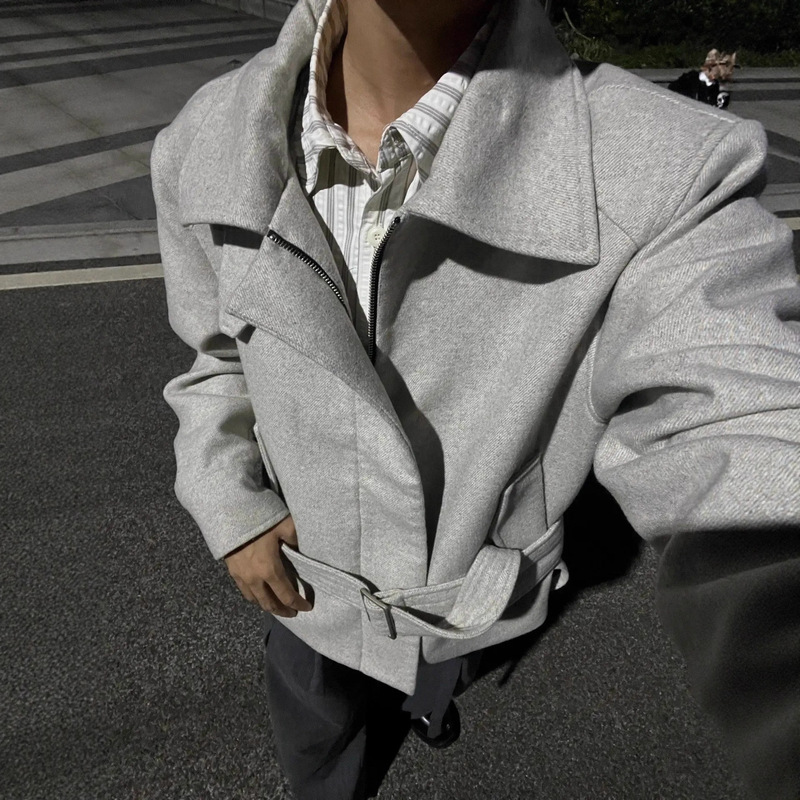 Gray Wool Strap Woolen Jacket for Men and Women, Autumn and Winter Short Stand Collar Warm Jacket Cleanfit Deconstructed Top