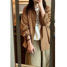 韩系棕黄色格子衬衫女春夏慵懒风宽松薄款防晒衬衣外套