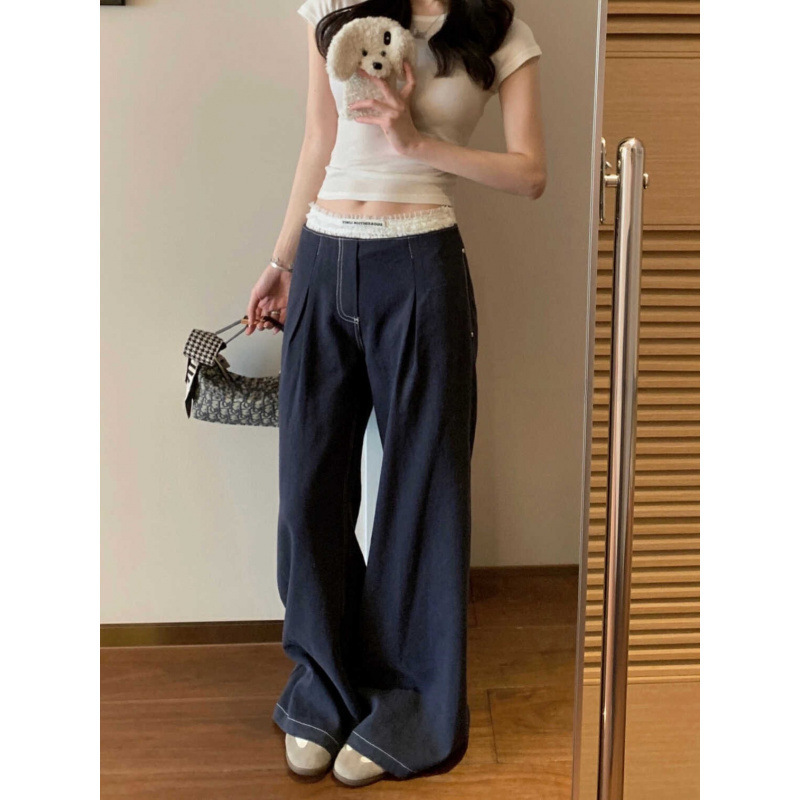 Xifengpineapple WGWE レイジースタイルパンツニッチステッチレースストレートパンツ夏小ワイドレッグカジュアルパンツ|undefined
