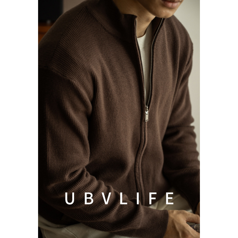 Old Money Style Anti-Pilling Textured Knit Jacket for Men, 2026 Autumn Breathable Zip-Up Casual Stand-Collar Sweater