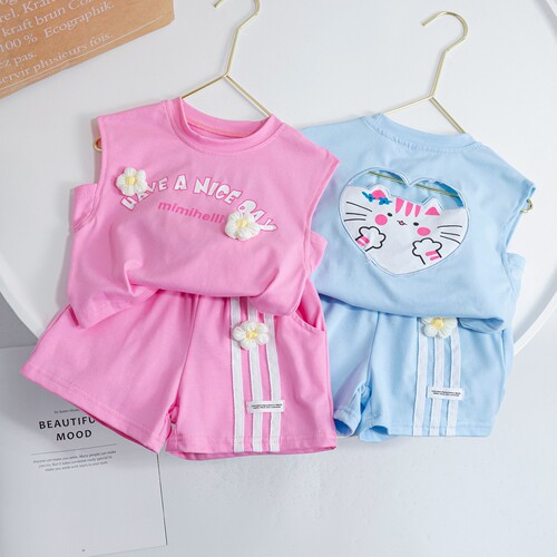 Girls Sleeveless Suit  New Summer Clothing Children's Shorts Cartoon Cat Thin Style Baby Girl Western Style Two-piece Set