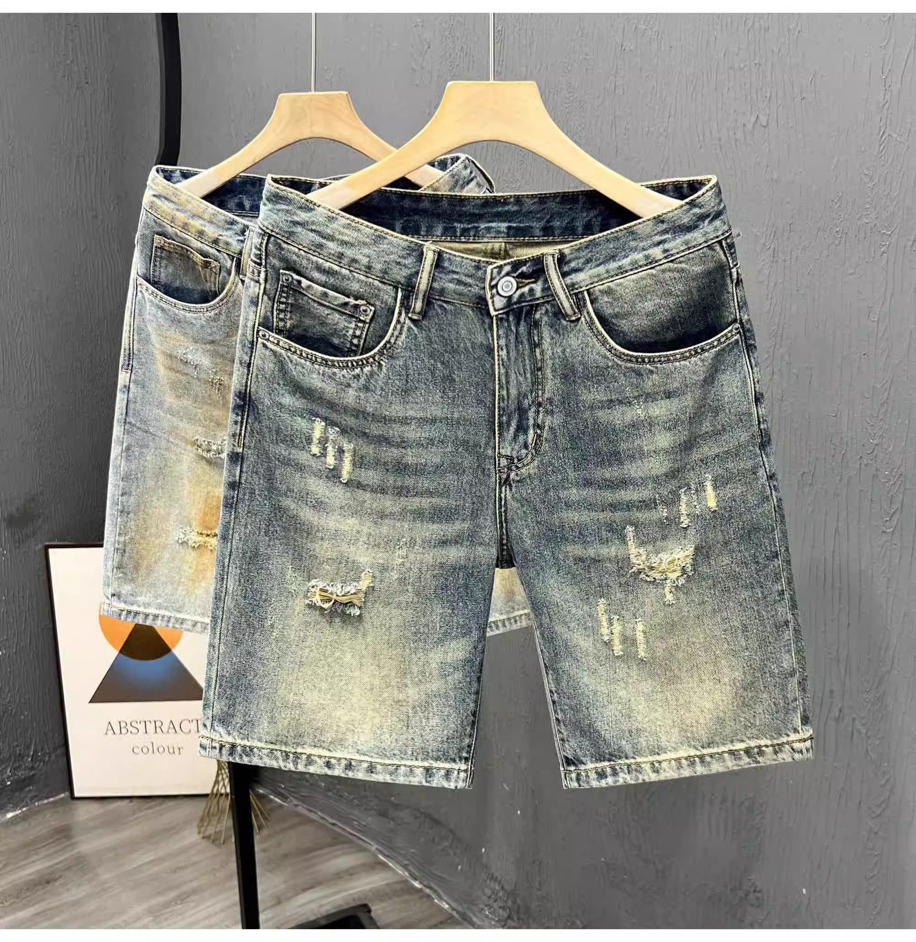 Men's Lightweight Distressed Denim Shorts Trendy High End Printed Patchwork Mid-Length Stretch Five-Point Pants Summer_mkmklike.com