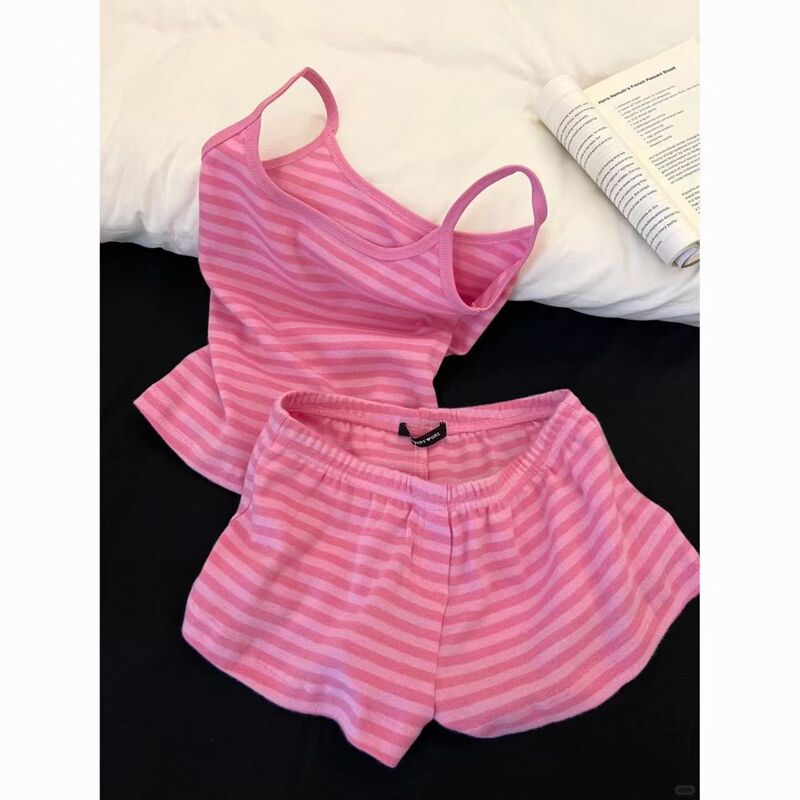 Dopamine Pink Striped Pajamas Women's Tank Top Shorts Suspenders Summer New Simple Casual Sexy Home Wear Set Dopamine Pink Striped Pajamas Women's Tank Top Shorts Suspenders Summer New Simple Casual Sexy Home Wear Set