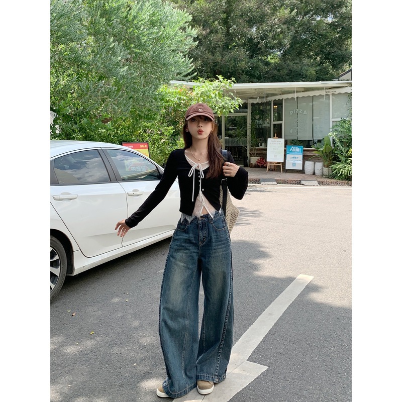 切糕自制小个子早秋季宽松女设计感直筒牛仔裤阔腿裤蓝色休闲裤子|undefined