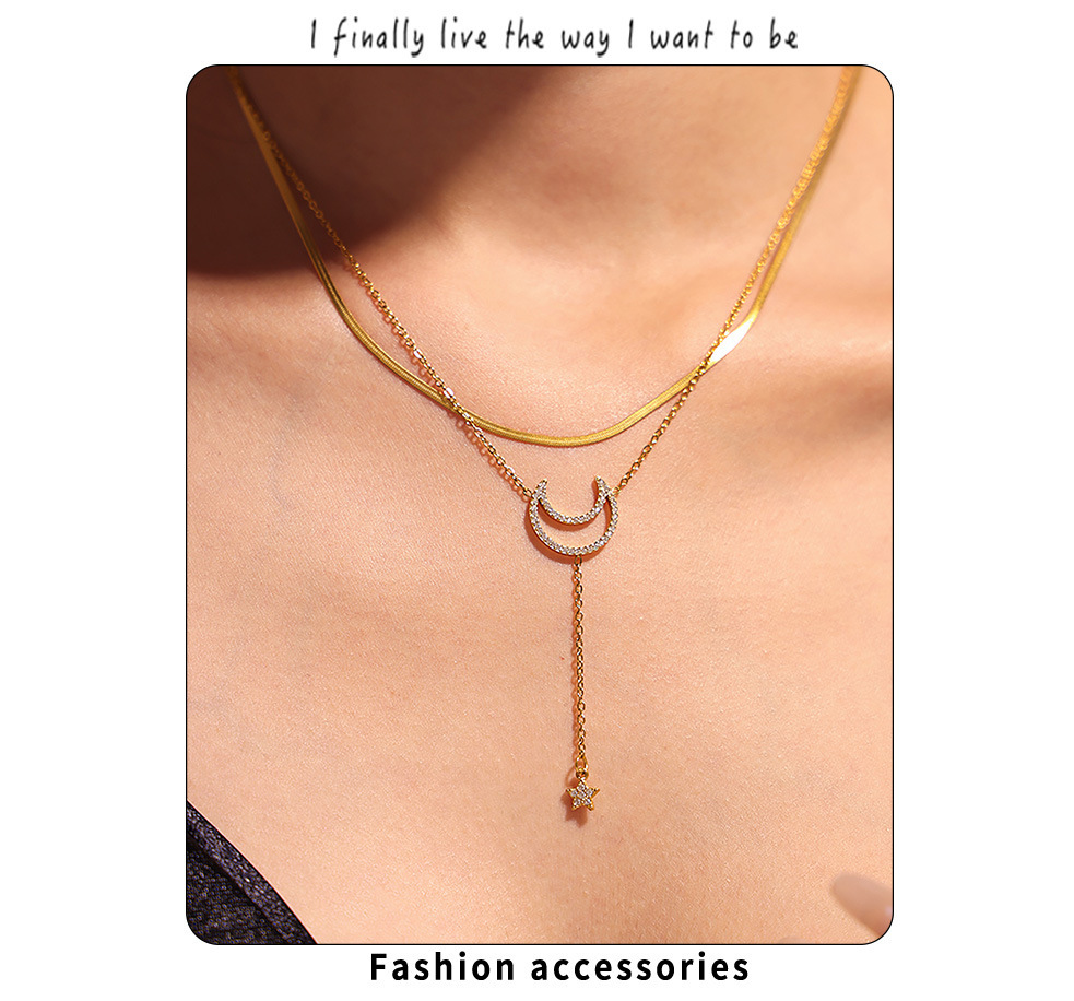 Square Sugar Starry Moon Set With Zircon Tassel Double Layered Clavicle Necklace, Feminine Style Bracelet, Titanium Steel Minimalist Set_voghion.com