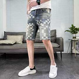 牛仔短裤男夏季薄款美式潮牌个性百搭修身马裤高端印花痞帅五分裤