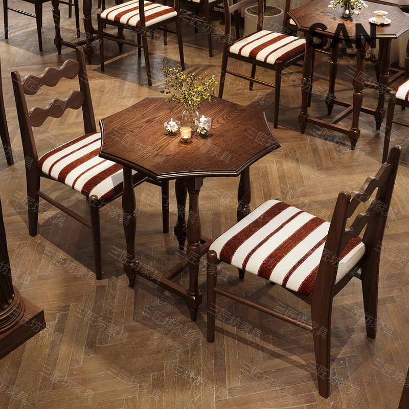 Retro-Style Solid Wood Dining Table and Chair Set for Commercial Use, American-Style Fusion Western Restaurant and Coffee Shop Complete Dining Set