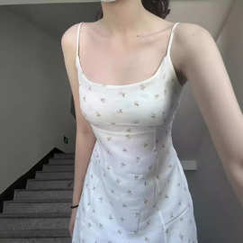 BM风法式雪纺白底粉碎花绑带收腰吊带连衣裙bm甜美高腰显瘦女长裙