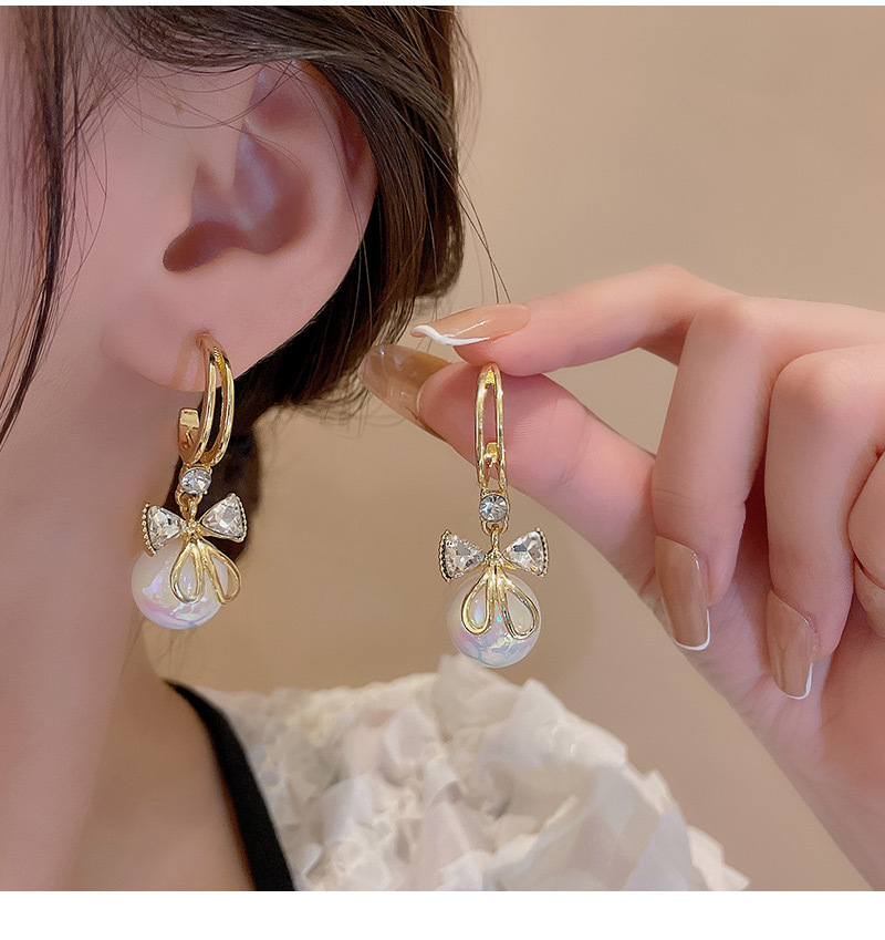 1 Pair Sweet Heart Shape Flower Bow Knot Artificial Pearl Alloy Rhinestone Inlay Artificial Gemstone