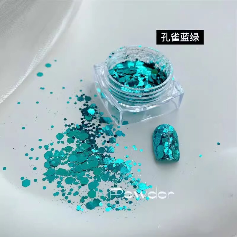 韓国スパンコールピーコックブルースパンコールネイルアートアクセサリーインターネットセレブホットスタイル美しい六角形マーメイドブルーネイルアートアクセサリー|undefined