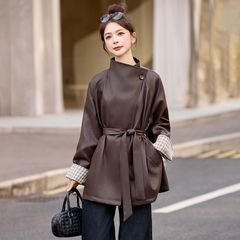 感翻领皮衣外套女2025秋季新款中长款系带气质轻熟美拉德风衣