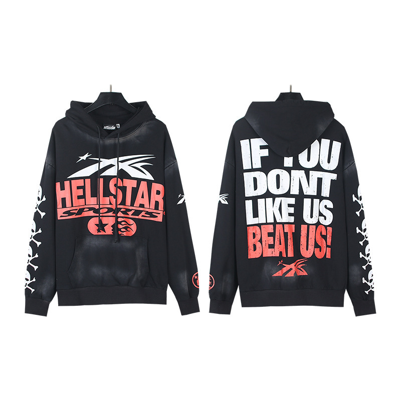 Hellstar ヨーロッパとアメリカのトレンディなブランド、ハイストリート、レトロ、ウォッシュド、ダメージ加工、プリント、ストリート、ルーズフィットのパーカー、男性用と女性用のスウェットシャツ|undefined