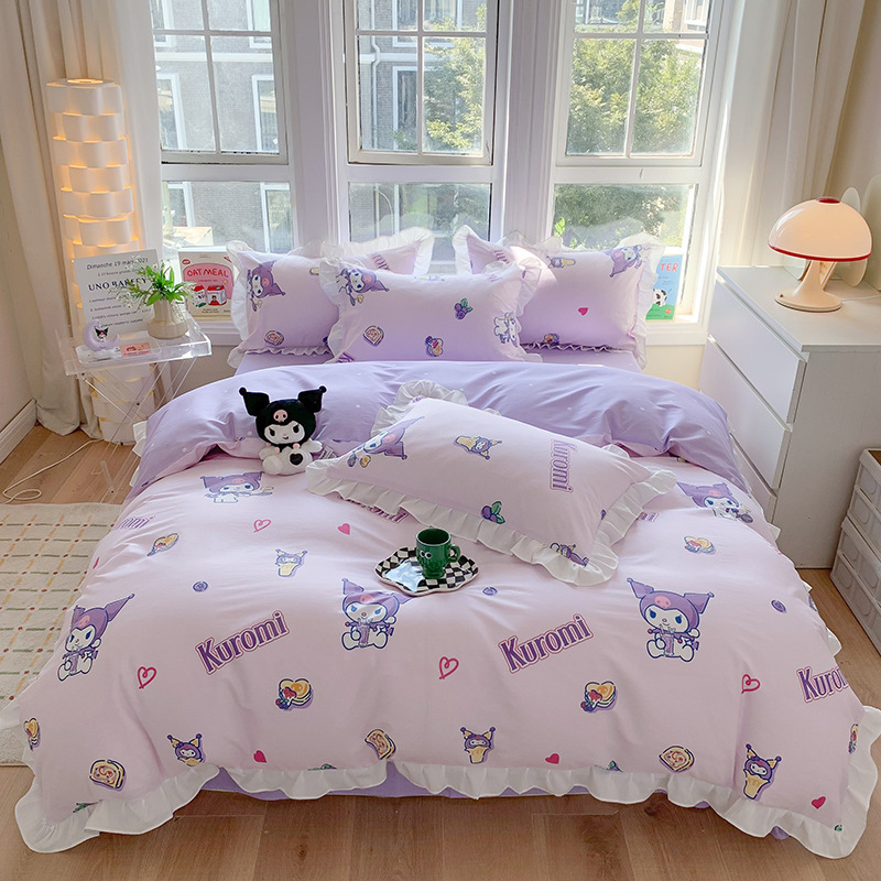 三丽鸥纯棉花边款四件套全棉公主风卡通HelloKitty床单被套床裙款|undefined