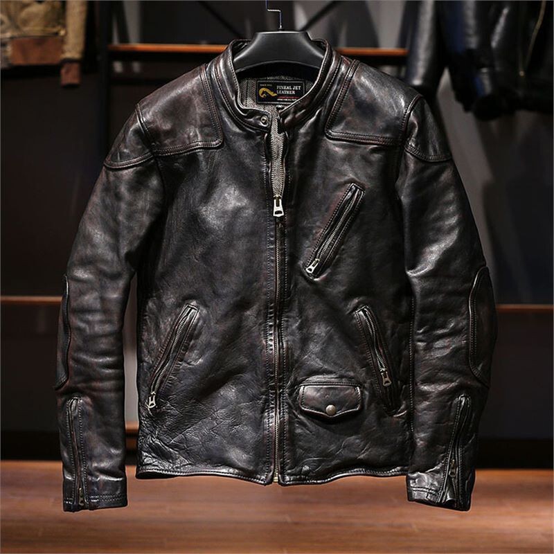 Venom Horsehide Leather Jacket Men's Stand Collar Pleated Casual Ami Khaki Genuine Leather Jacket