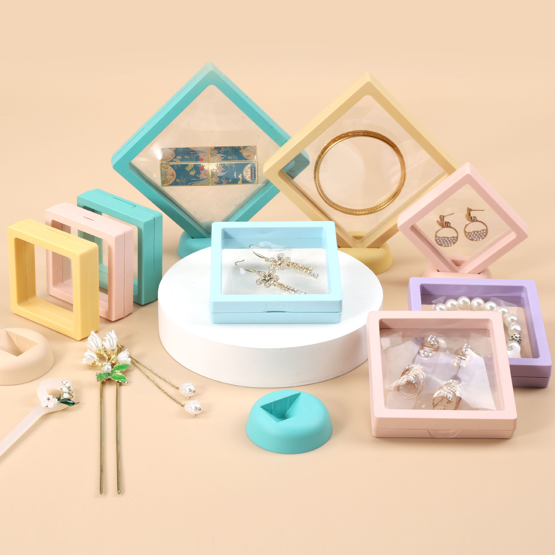 Caja flotante transparente de PE para joyas, anillos, collares y pulseras, con compartimentos tipo cajón. image 5