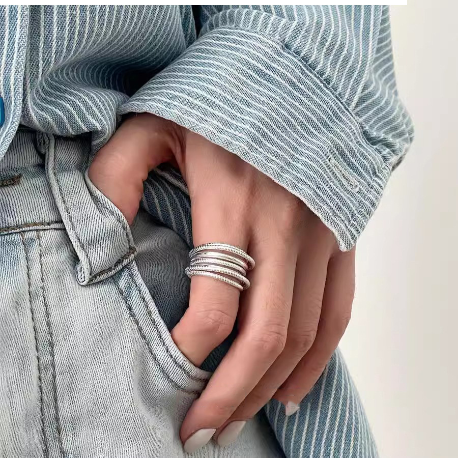 Multi-layered Silver Ring Designer Minimalist Hollow Mesh Band_voghion.com