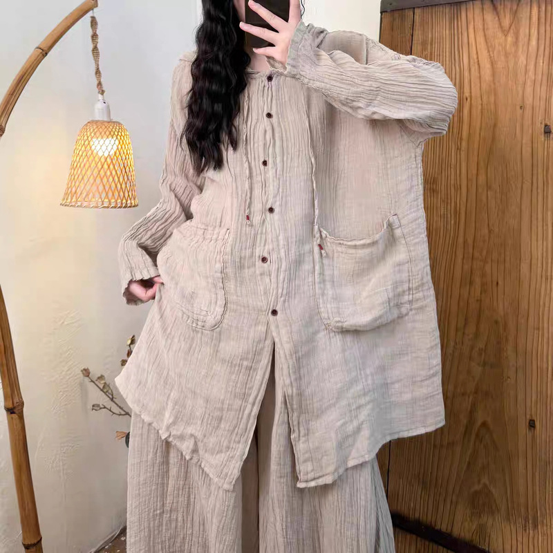 Textured Pleated Linen Hooded Shirt Women's Mid-Length 2025 Autumn New Loose and Versatile Large Flap Pocket Pants Cardigan Top