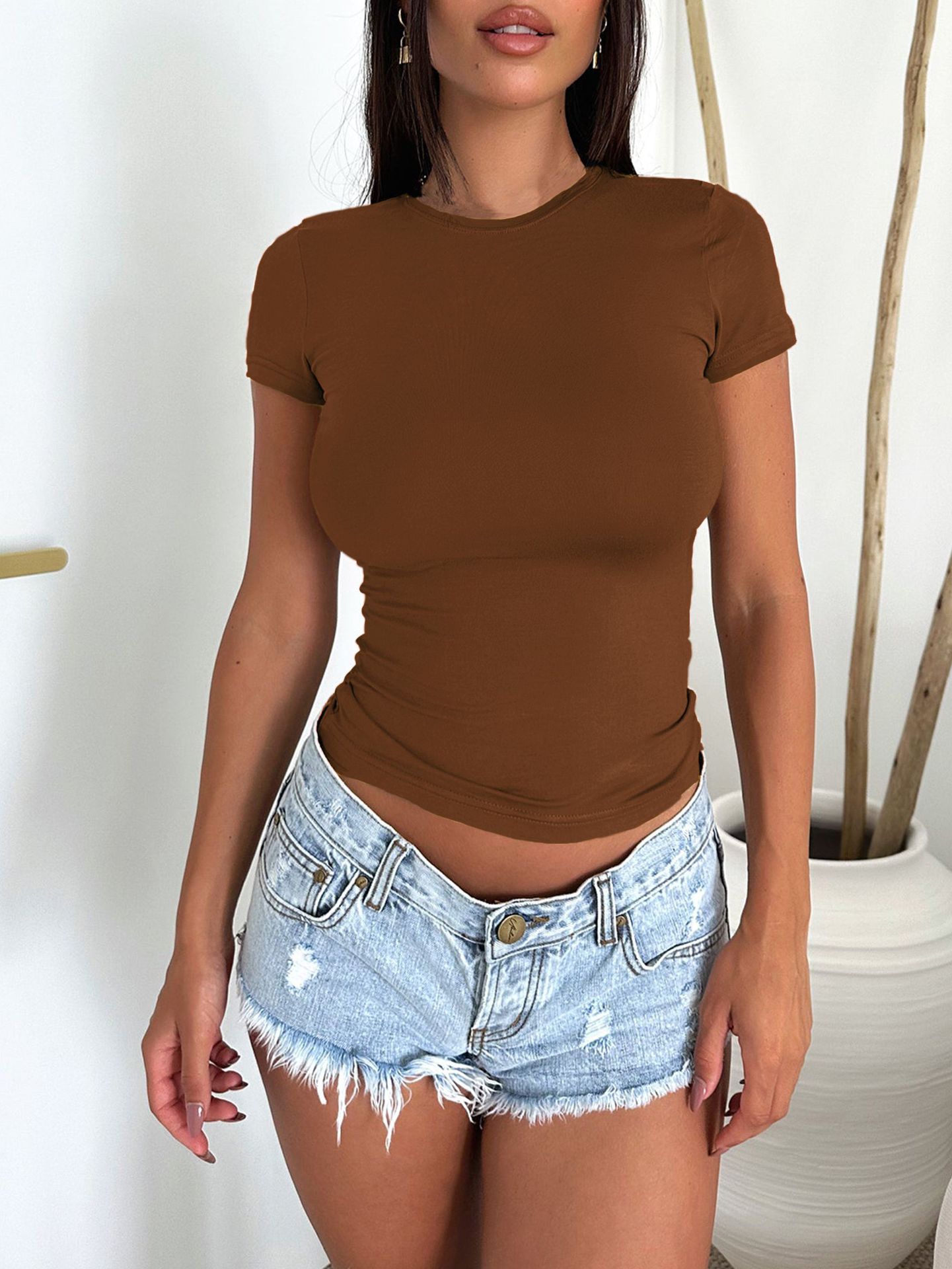 Summer Sexy Girls Slim Slimming Solid Color Short Sleeve T shirt Top