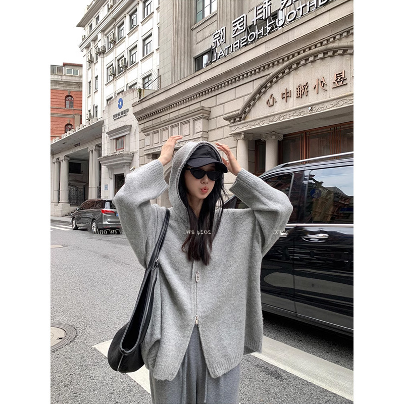 Ouyang Double-Ended Zipper Hooded Sweater Jacket for Women Winter Loose Retro Lazy Style Knitted Cardigan Top