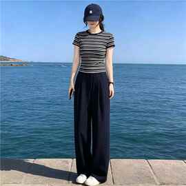 深圳南油休闲运动套装女夏季新款圆领条纹短袖T恤阔腿裤两件套