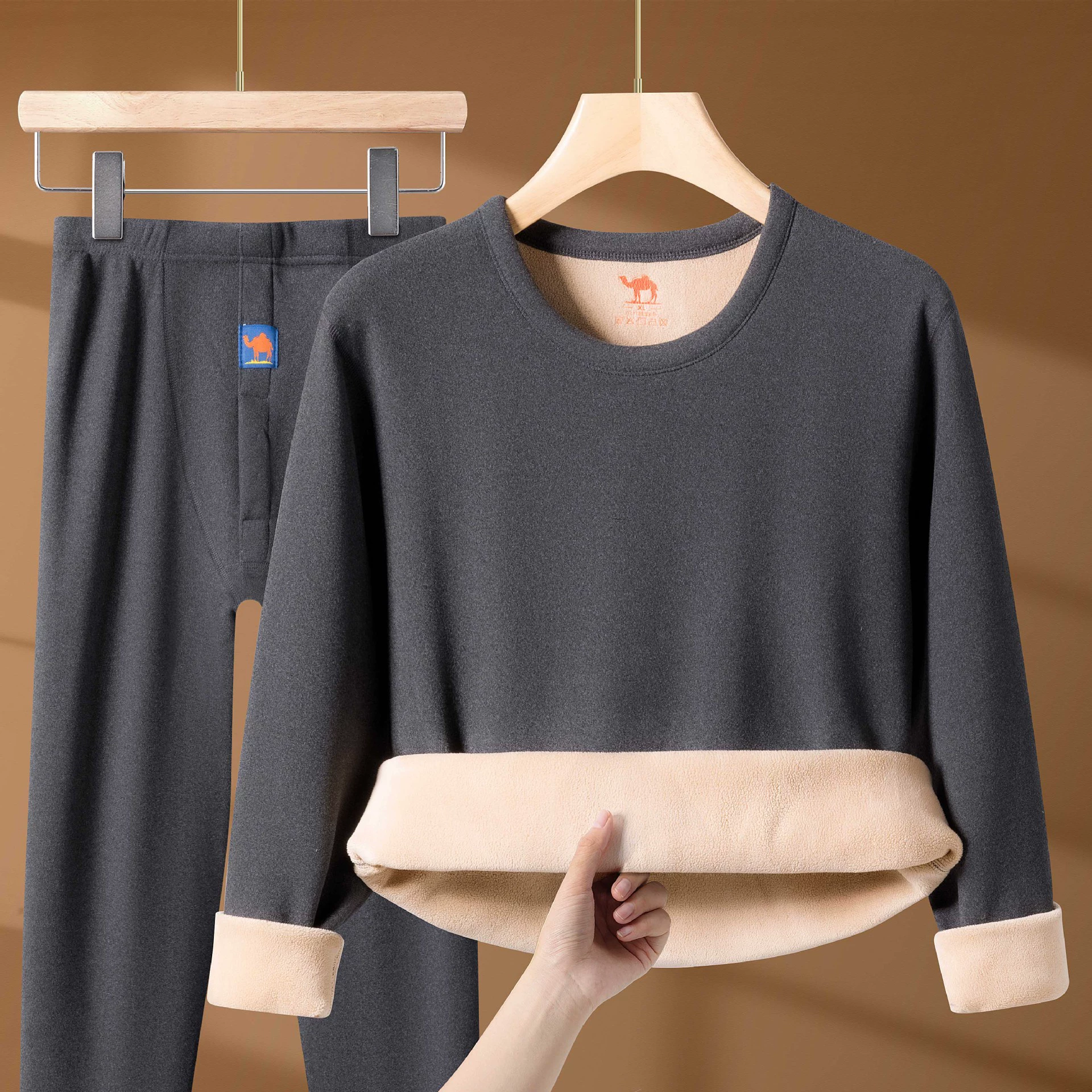 [Горбатый бархат] Зимний комплект термобелья с круглым вырезом для мужчин и женщин с толстым бархатом, предотвращая холод и нагрев, осенняя одежда и осенние брюки