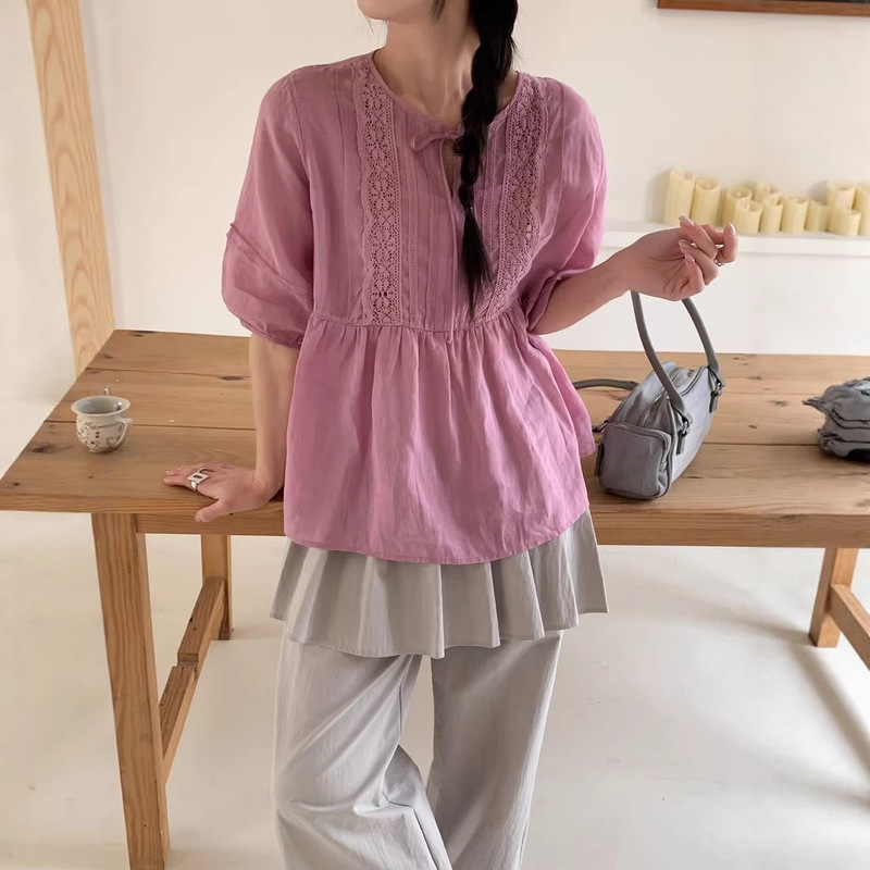 Ramie Lace Patchwork Short-Sleeve Shirt 2026 Artistic Mori Girl Style Tie-Neck Breathable Versatile Loose Top for Women Ramie Lace Patchwork Short-Sleeve Shirt 2026 Artistic Mori Girl Style Tie-Neck Breathable Versatile Loose Top for Women