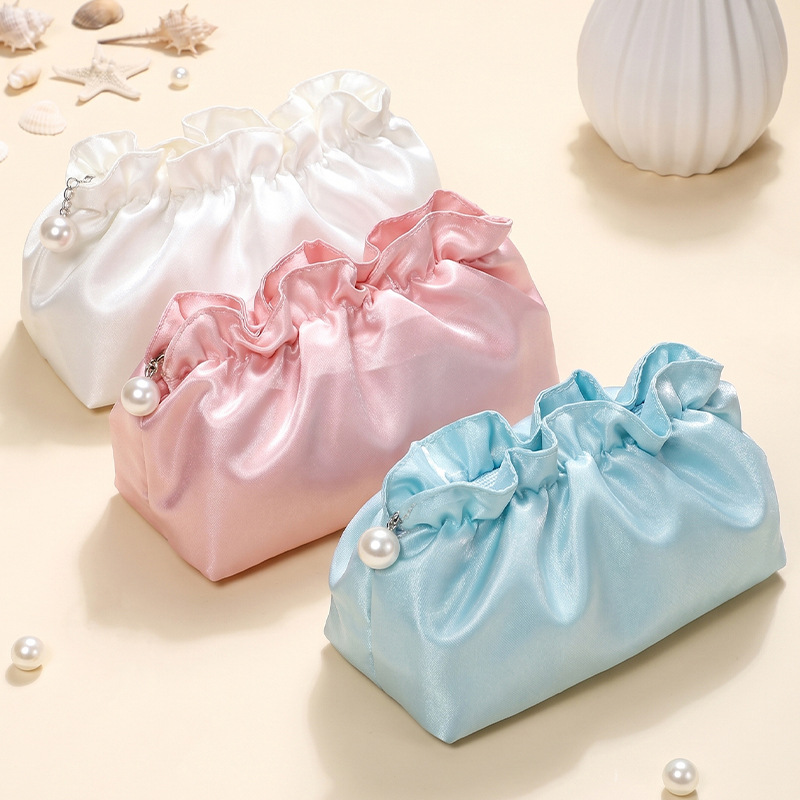 Large-Capacity Portable Satin Makeup Bag, Travel-Friendly, Non-Collapsible, New Style, Pearl Cosmetic Carry-On Storage Bag, in Stock