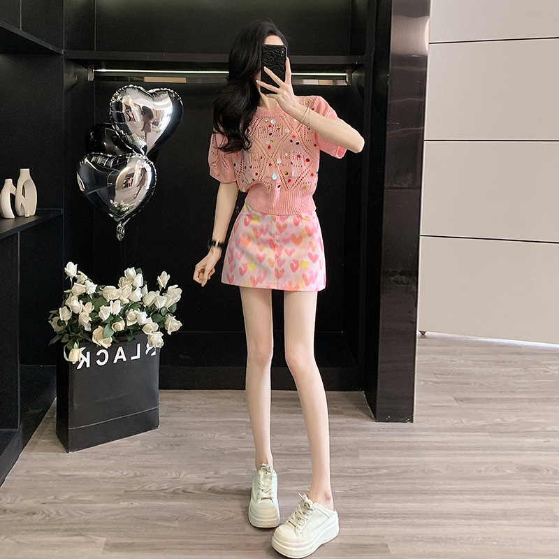 Korean Style Light Luxury Hollow Out Crewneck Knit Sweater Women's Heavy Industry Sequin Stereo Design Love Denim Skirt suit