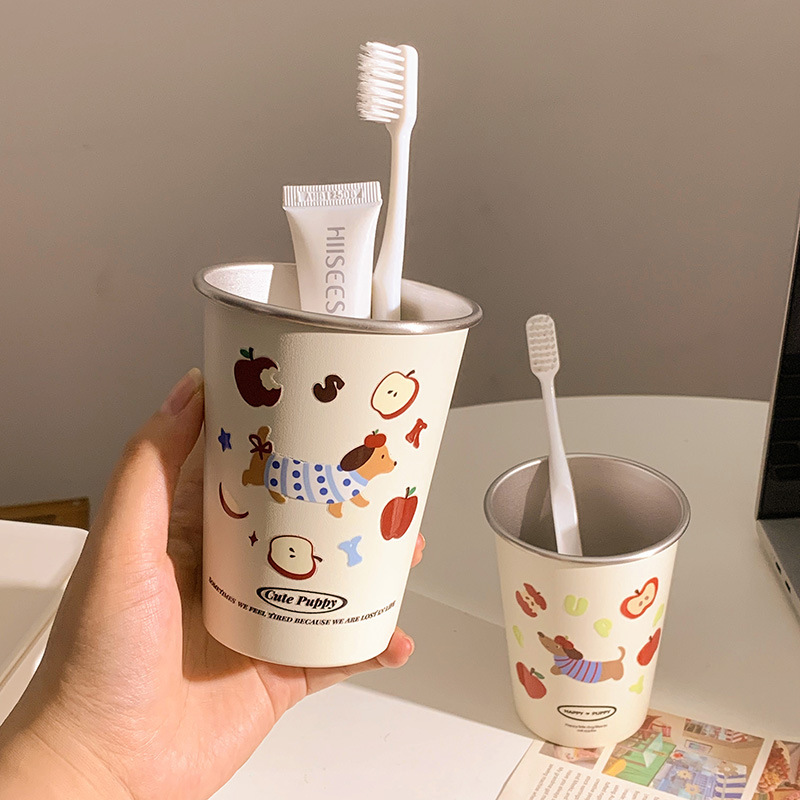 苹果小狗漱口杯浴室不锈钢刷牙杯牙缸可爱抗菌防霉牙杯情侣一对杯|undefined
