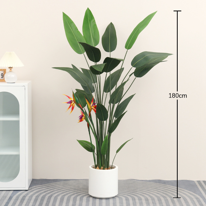 Planta verde de simulación a gran escala, pájaro del paraíso con flores, árbol falso, planta en maceta, sala de estar interior, decoración, paisajismo de plantas biónicas