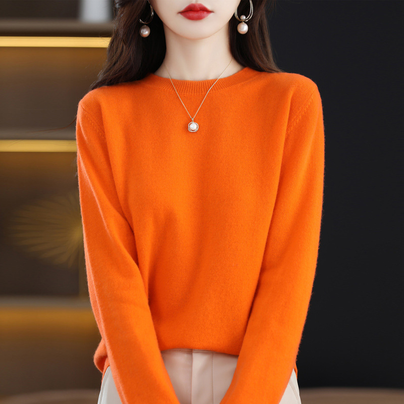 Nuevo otoño temprano cuello redondo 100 suéter de lana de las mujeres de moda simple flojo adelgazar punto manga larga que basa la camisa suéter de las mujeres