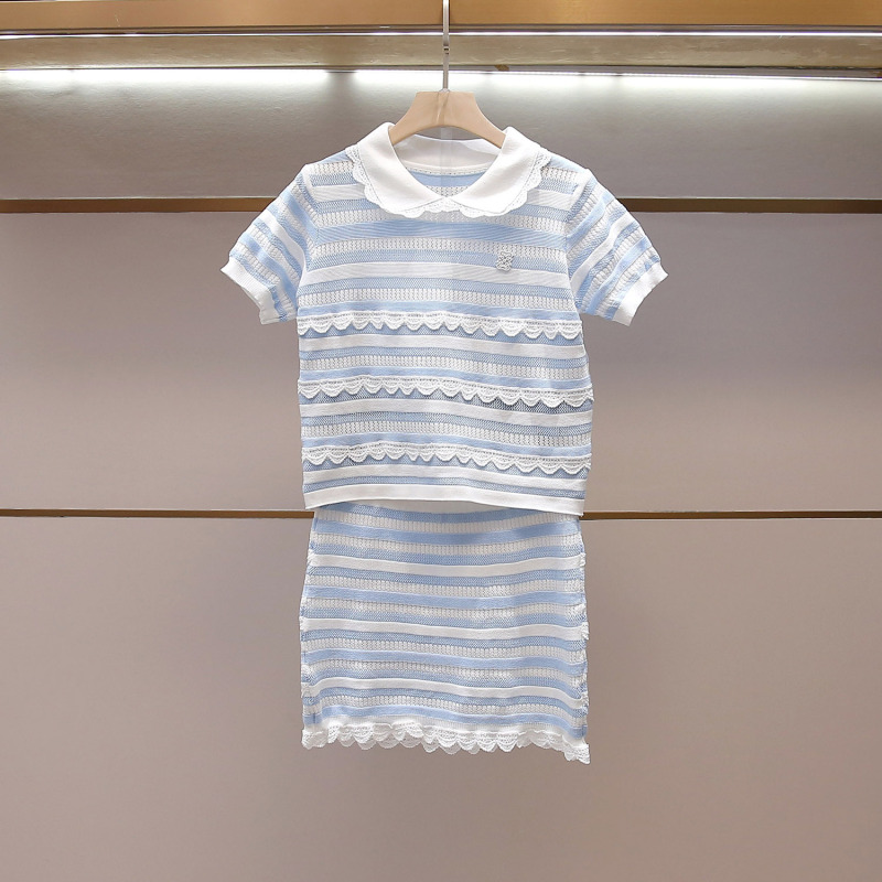 Shenzhen Nanyou High-End Women's Clothing Summer New Sweet Doll Collar Top + Skirt Knitted Striped Suit for Women Shenzhen Nanyou High-End Women's Clothing Summer New Sweet Doll Collar Top + Skirt Knitted Striped Suit for Women
