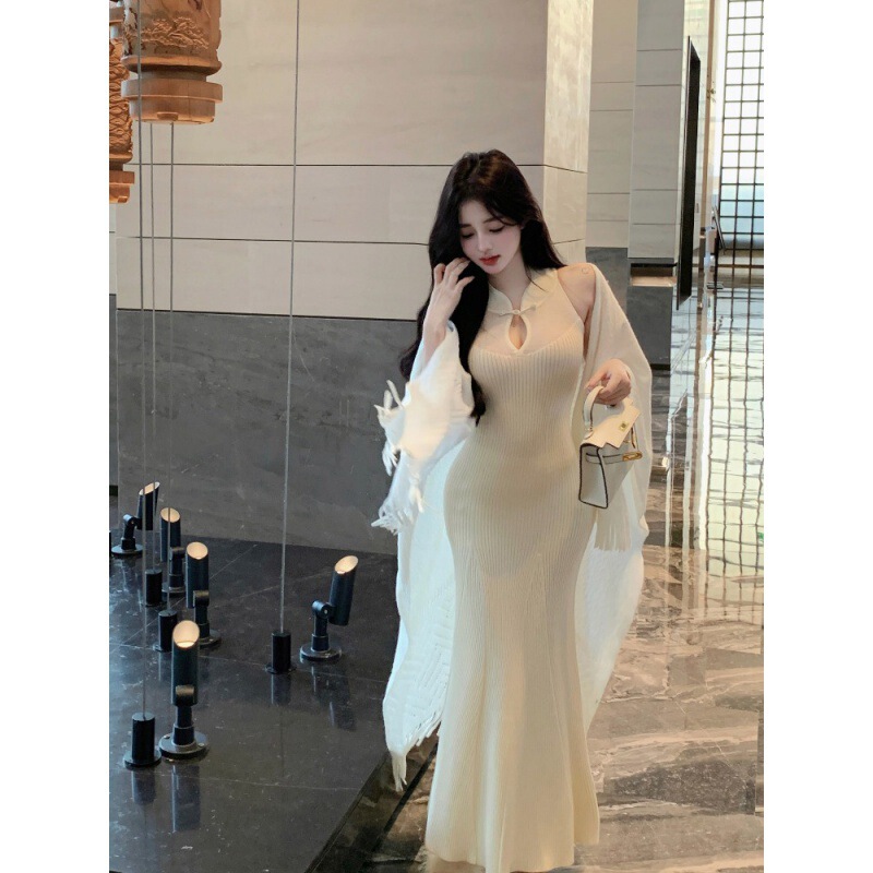 新中式盘扣改良旗袍连衣裙女春季针织裙子温柔风无袖修身鱼尾长裙|undefined