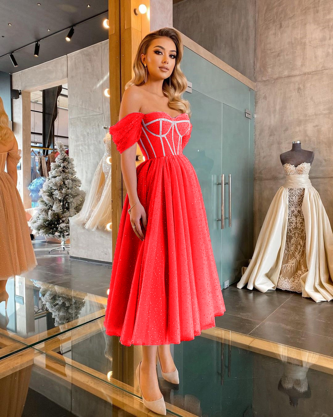 Estilo europeo y americano elegante lentejuelas princesa media longitud boda vestido de noche de moda rojo grande swing vestido de noche
