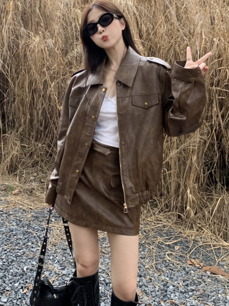 Larger size women's clothing, micro plus-size mm, Maillard-style retro leather jacket coat set, autumn fashion short leather skirt set