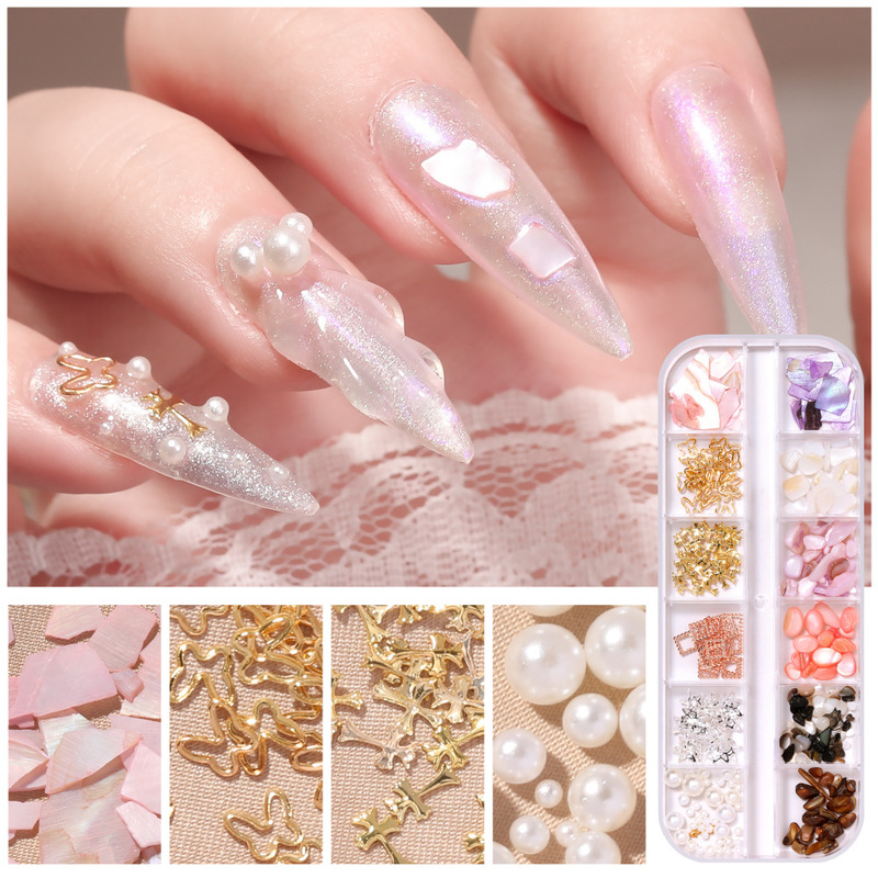 Wholesale 12 grid color nail drill DIY jewelry pearl shell nail art shaped drill hollow rivet nail color drill Wholesale 12 grid color nail drill DIY jewelry pearl shell nail art shaped drill hollow rivet nail color drill