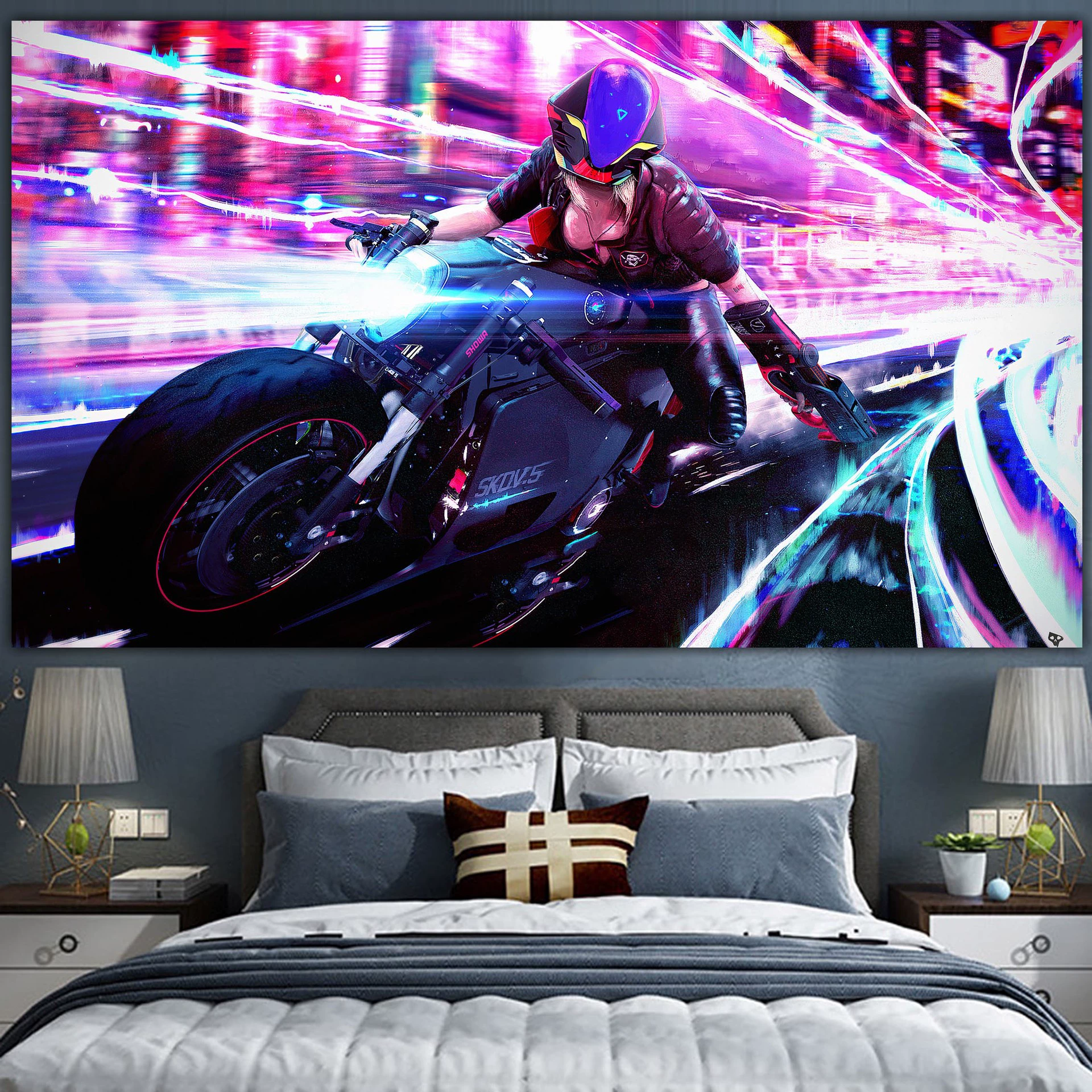 Постер cyberpunk неоновый город, размеры 38×65 см, 85×155 см, 110×200 см