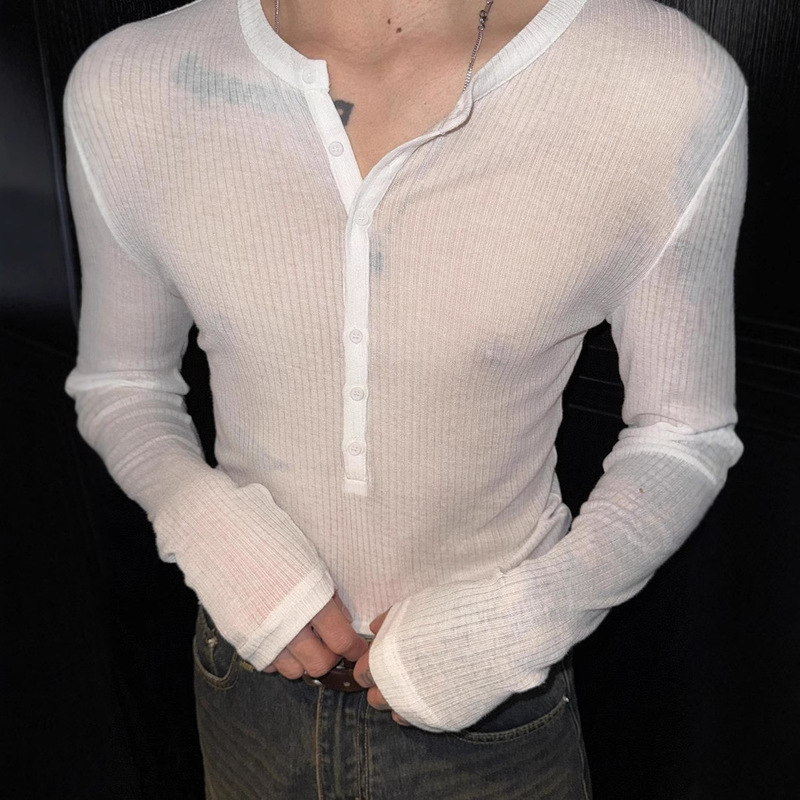 American Early Autumn Abstinence Boyfriend Style T-Shirt for Men, Simple Slim Fit Pure Color Knitted Long-Sleeved Shirt for Men and Women